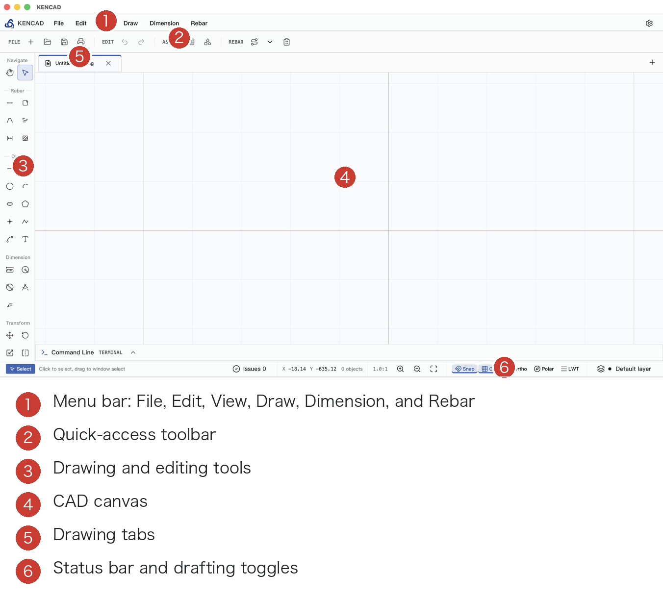 KENCAD Main Workspace with Six Annotated Regions
