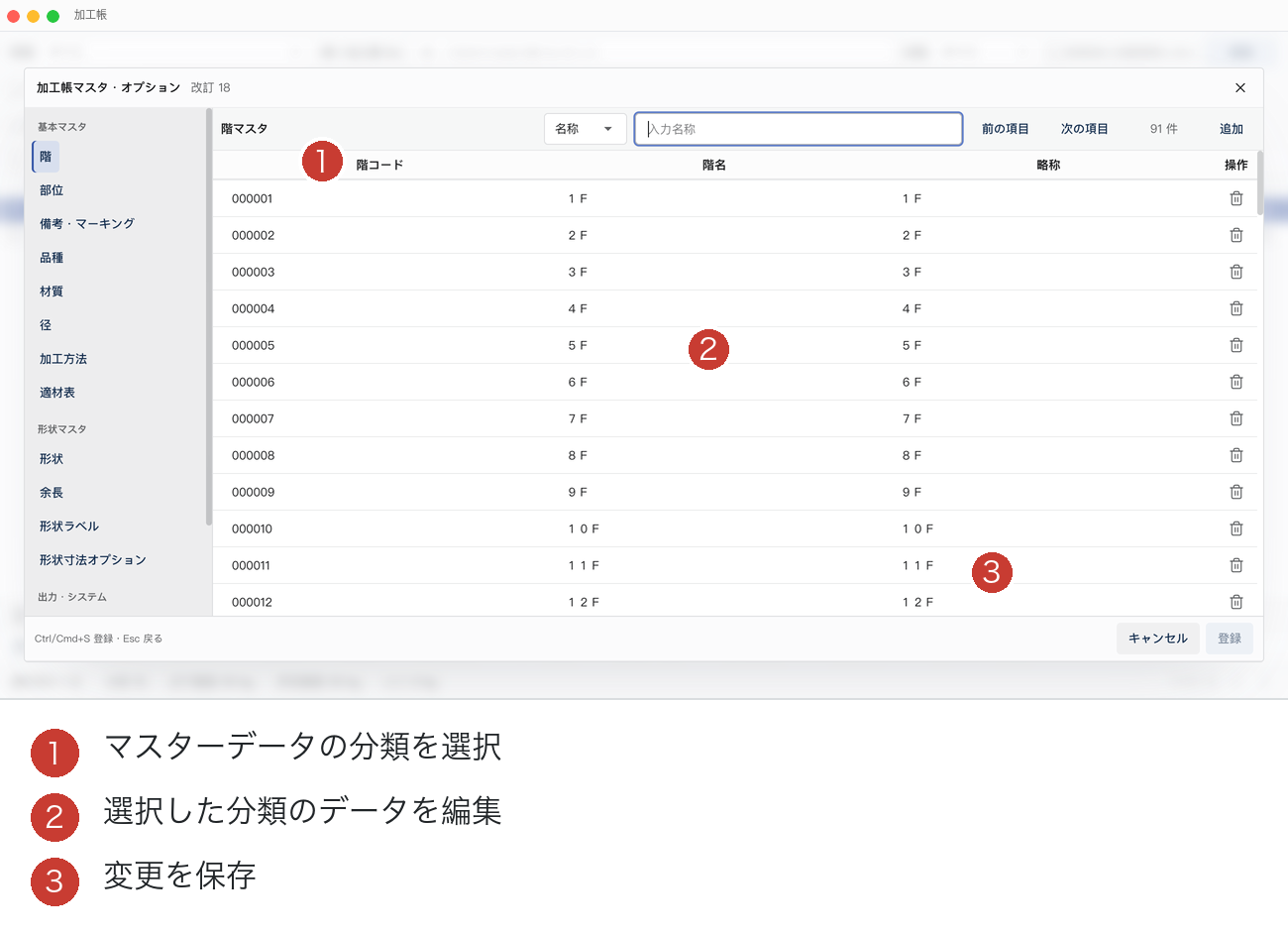 加工帳マスターデータとオプションの注釈