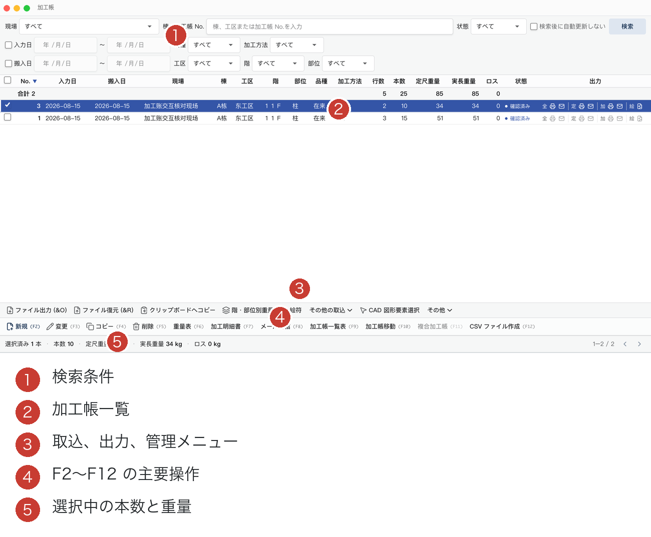 加工帳一覧の全体領域の注釈